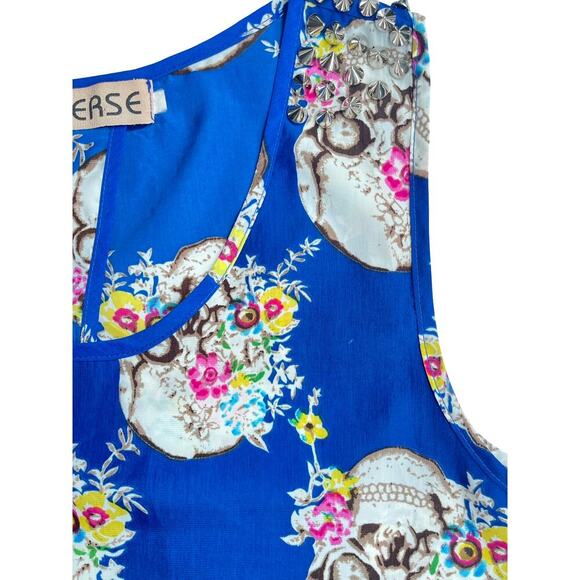 Blue Skull Floral Studded Sleeveless Crop Tank Top, Edgy Festival - Size S/M - Picture 5 of 11